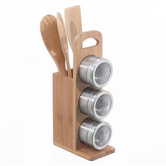 Secret de Gourmet - Support à épices 3 pièces et 3 ustensiles de cuisine - Bambou et acier inox - 1