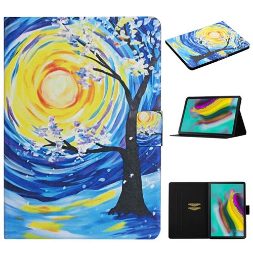 Etui en PU impression de modèle flip avec support et porte-cartes arbre et lune pour votre Samsung Galaxy Tab S6 SM-T860/T865