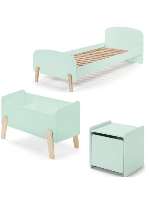 Lit 90x200, chevet 1 porte et coffre &agrave; jouets kiddy - vert menthe
