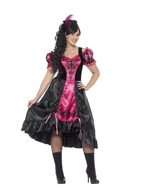 Smiffys Costume danseuse saloon, grande taille, Rose, avec robe et barrette à plumes