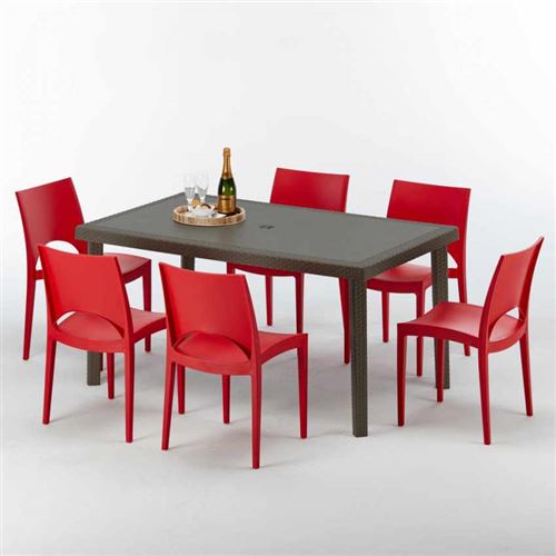 Table rectangulaire 6 chaises Poly rotin resine 150x90 marron Focus, Chaises Modèle: Paris rouge
