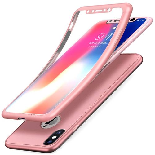 Coque Intégrale Silicone Pour iPhone X ( iPhone 10 ) Couleur Rose + Verre Trempé Anti Choc 360° Full Protection
