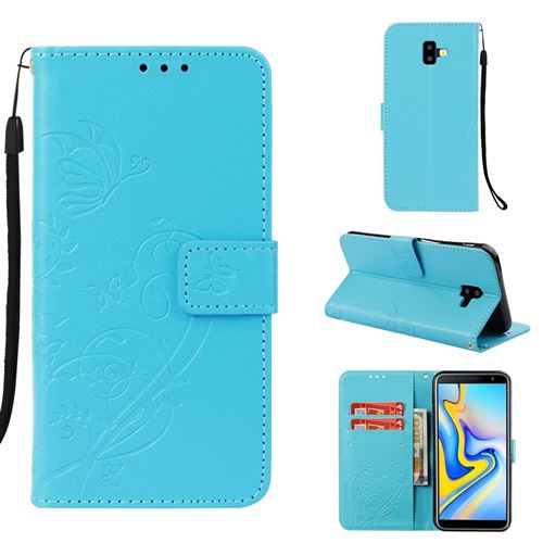 Etui en PU motif fleur papillon bleu pour votre Samsung Galaxy J6 Plus/J6 Prime