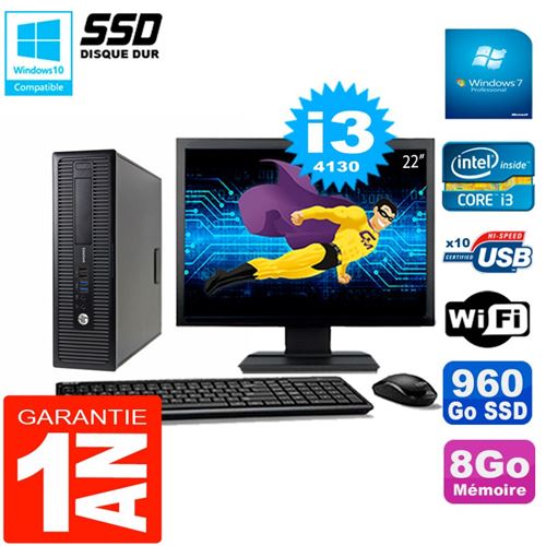 Pc hp elitedesk 800 g1 sff ecran 22' core i3-4130 8go disque 960 go ssd wifi w7