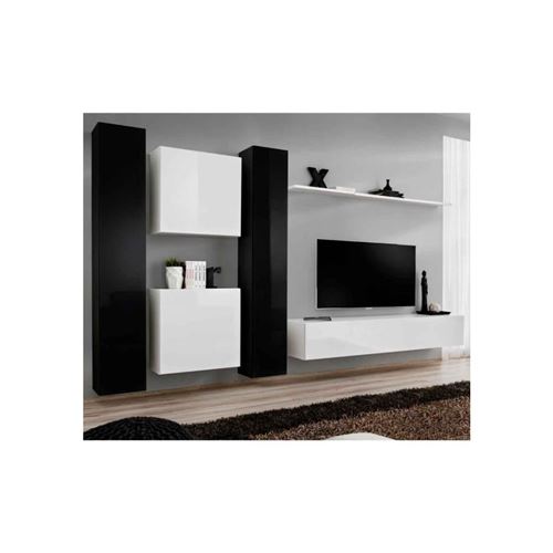 Ensemble meuble salon SWITCH VI design, coloris blanc et noir brillant.