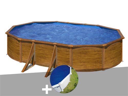 Kit piscine acier aspect bois Gré Pacific ovale 5,27 x 3,27 x 1,22 m + Bâche à bulles