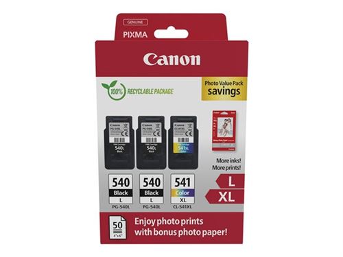 Canon PG-540L x2/CL-541XL Photo Paper Value Pack - Pack de 2 - noir, couleur (cyan, magenta, jaune) - original - boîte de suspension - jeu de papier / cartouche d'encre - pour PIXMA MG3250, MG3550, MG3650, MG4250, MX395, MX455, MX475, MX525, MX535, TS515