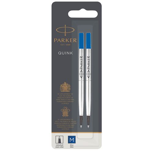 PARKER recharge Stylo Roller, pointe moyenne, bleue, blister X 2