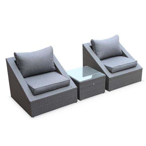 Salon de jardin 2 places - Triangolo - résine tressée grise coussins gris fauteuils + 1 table basse empilables