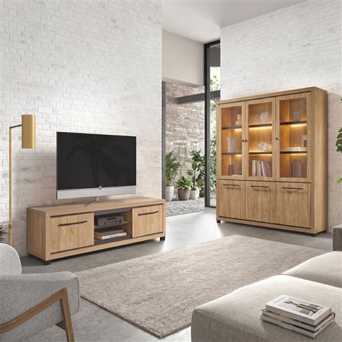 ALTOBUY Ensemble salon meuble TV + biblioth&egrave;que aspect bois finition Houston Oak - VASALY -