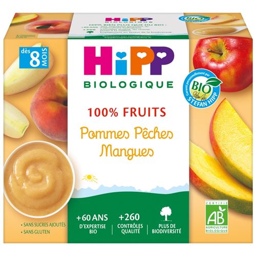 100% Fruits Pommes Pêches Mangues (Dès 8 mois) - 4 coupelles - Hipp Biologique