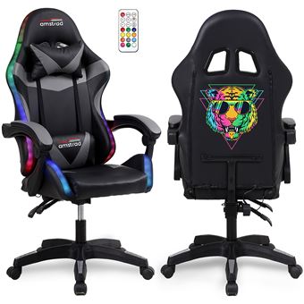 Amstrad AMS-900-LED-TIGER - Fauteuil gaming noir et gris - Serigraphie "Tiger" - Eclairage LED 366 effets - Télécommande - 1