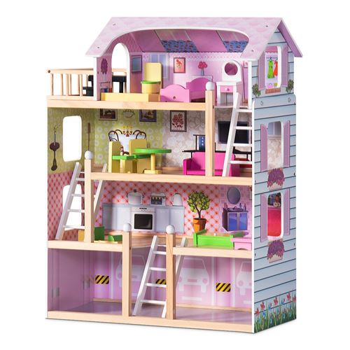 maison de poupée giantex multicolore 60,5 x 29,5 x 81cm en bois villa à 4 étages de rêves barbie avec accessoires, dont cuisine, chambre, salle de bain, 3 échells etc