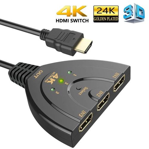 VSHOP® Switch (commutateur) 3 Ports HDMI en 1 Ultra HD (2160p) avec câble 50 cm, Compatible avec PS4 / Xbox One/Switch