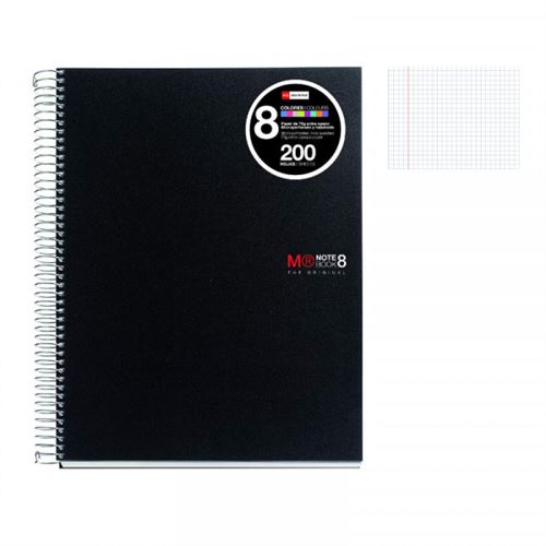 Cahier A4 spirales couverture plastique noir 200 pages petits carreaux Miquelrius
