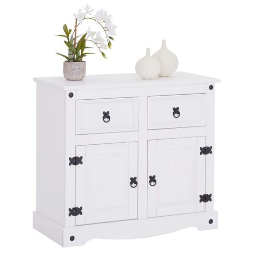 Buffet RURAL avec 2 tiroirs et 2 portes, style mexicain en pin massif blanc