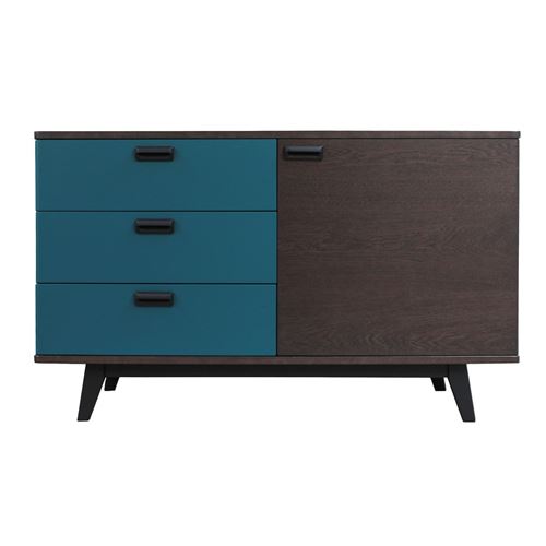 Pirotais Buffet chêne massif et laqué, 3 tiroirs, 1 porte, Made in France Bleu