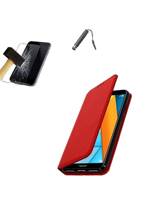 Kontarboor - Etui Housse Coque Rouge Huawei Y6 2018 , Film verre trempé , Stylet