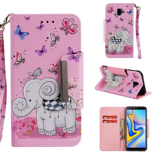 Etui en PU impression de motifs papillons et éléphants pour votre Samsung Galaxy J6 Plus/J6 Prime