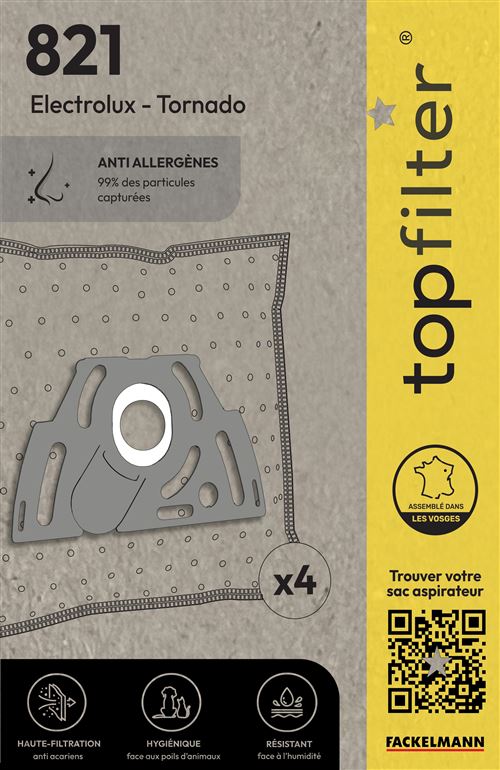 Lot de 4 sacs aspirateur pour Tornado et Electrolux TopFilter Premium ref 64821