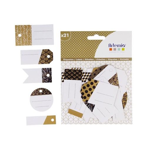 21 étiquettes perforées - noir, doré & blanc