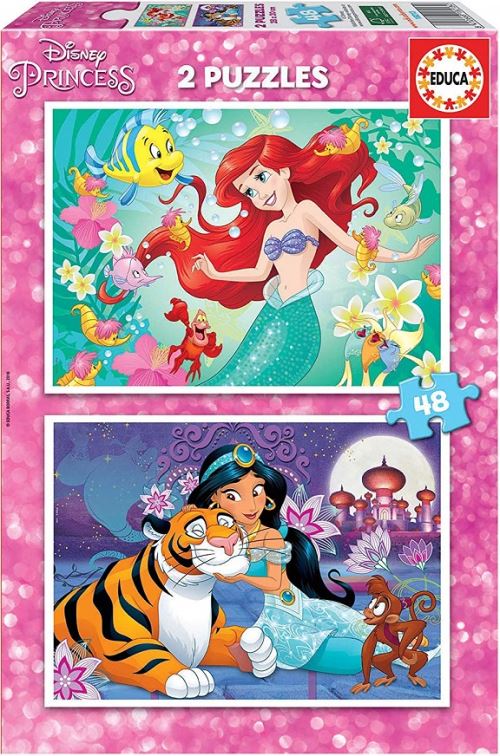 Set de 2 puzzles de 48 pieces ariel la petite sirene et polochon - jasmine abou et rajah - educa collection disney princesse