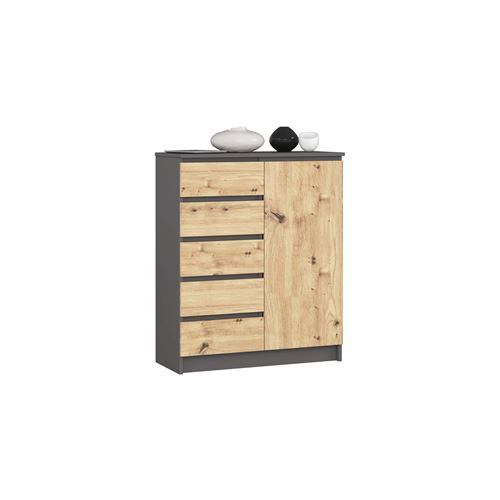 Commode AKORD K80 Gris Graphite 80 cm 1 porte 5 tiroirs façade Chêne Artisan 3 étagères 80x35x97 cm