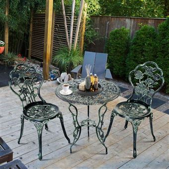 GIANTEX Ensemble Table et 2 Chaises de Jardin en Fonte+Aluminium,Meuble de Jardin  Extérieur,Table avec Trou de Parasol,Style Vintage - Cdiscount Jardin