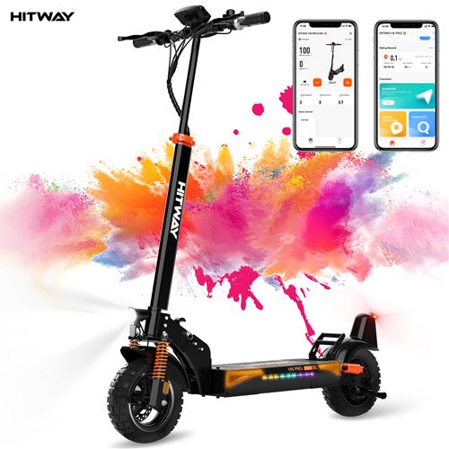  Trottinette &Eacute;lectrique Pliable - HITWAY - Pneus Solides 10 - 500W - APP - Batterie 48V 27Ah - Scooter Noir&Orange 