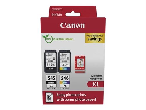 Canon PG-545XL/CL-546XL Photo Paper Value Pack - Pack de 2 - à rendement élevé - noir, couleur (cyan, magenta, jaune) - original - boîte de suspension - jeu de papier / cartouche d'encre - pour PIXMA TR4551, TR4650, TR4651, TS3350, TS3351, TS3352, TS3