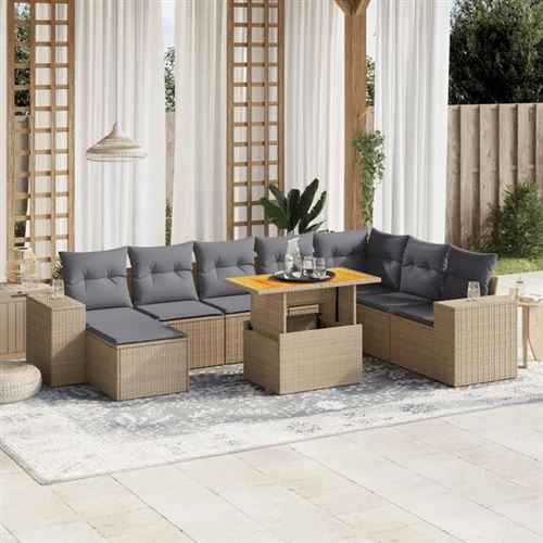 Vidaxl Beige Salon De Jardin 9 Pcs Résine Tressée Avec Coussins - Image 3