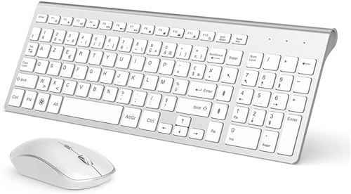 JOYACCESS Clavier Souris sans Fil, 2,4Ghz Ultra-Fins Compacte Clavier, Portable Silencieux 2400 DPI Ergonomique Clavier Souris pour PC, Smart TV, Ordinateur (AZERTY Disposition) - Blanc Argent
