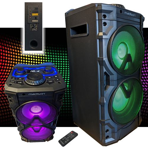 Enceintes, baffle et amplis DJ Madison Enceinte Karaoke Lecteur CD USB  Bluetooth 300W MAD-HP300CD-SB - Pack Lumières 2 Astro 2 Projecteurs Pied  LEDBAR-ASTRO-RC Dj