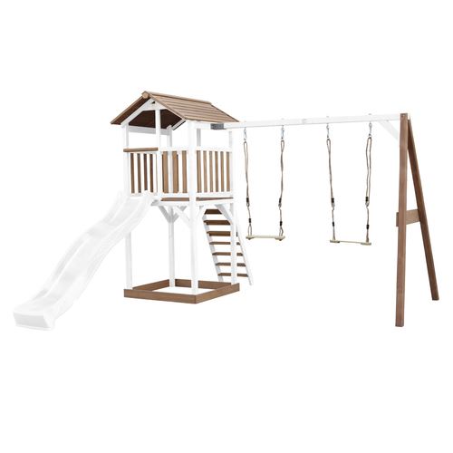 AXI Beach Tower avec Balancoire Double Marron Blanc Toboggan Blanc
