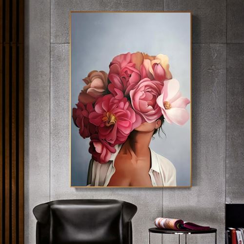 Poster Déco 61x91 Cm - Nu Féminin Artistique Avec Fleurs - Style Wall Art Moderne Noir Et Blanc