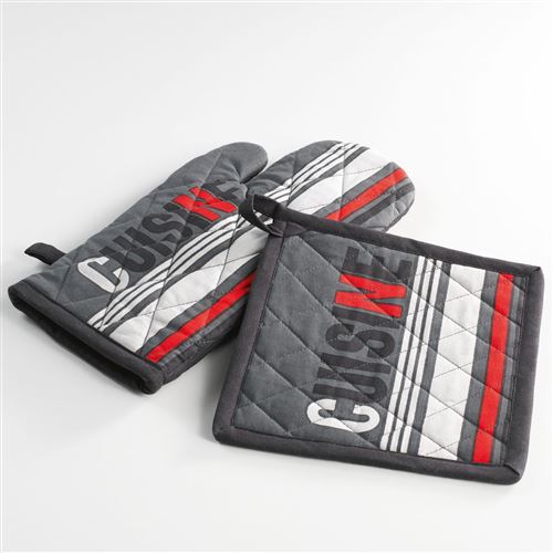 Gant + manique 17 x 31 cm/20 x 20 cm coton imprime top cuisine Gris