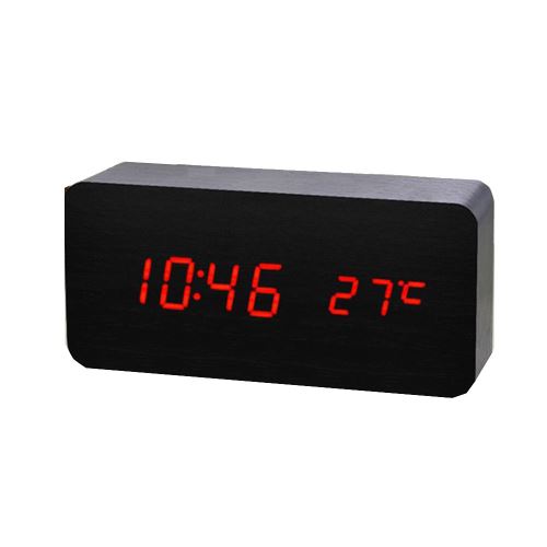 Commande Vocale Calendrier Thermomètre Numérique Led Alarme Horloge en Bois Usb / Aaa Noir PL188