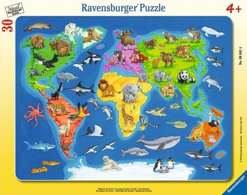 Puzzle enfant avec cadre 30 pieces - la carte du monde et les animaux - ravensburger