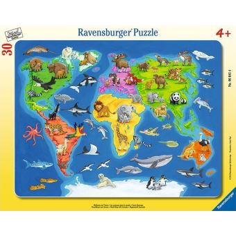 Puzzle Enfant Avec Cadre 30 Pieces La Carte Du Monde Et Les Animaux Ravensburger