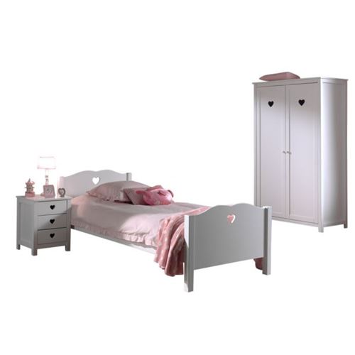 Lit 90x200 - Chevet 3 tiroirs et Armoire 2 portes Amori - Blanc