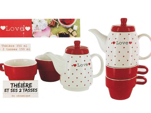 Theiere 350 Ml Et 2 Tasses Love Ceramique Rouge Blanc Ustensile Cuisine