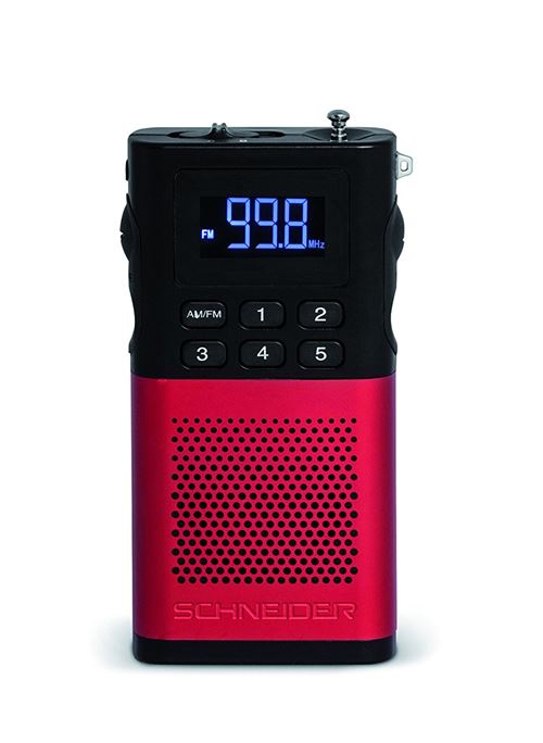 scheneider Radio Turner Piccolo rouge · Récepteur FM · Display LED Blanc · Courant électrique ou piles · 5 stations de radio de la mémoire