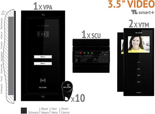 Bellcome Video-Türsprechanlage Kabelgebunden Komplett-Set VKM.P2FR.T3S4.BLB04 2 Familienhaus Schwar