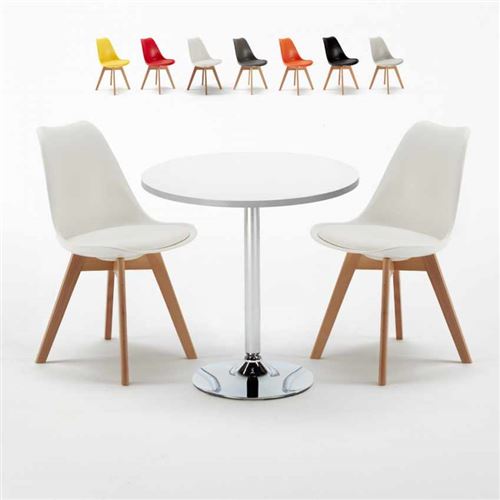 Table Ronde Blanche 70x70cm Avec 2 Chaises Colorées Set Intérieur Bar Café NORDICA LONG Island, Couleur: Blanc