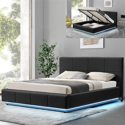 LIT DESIGN ALEXI AVEC SOMMIER ET COFFRE DE RANGEMENT - Noir - 180x200