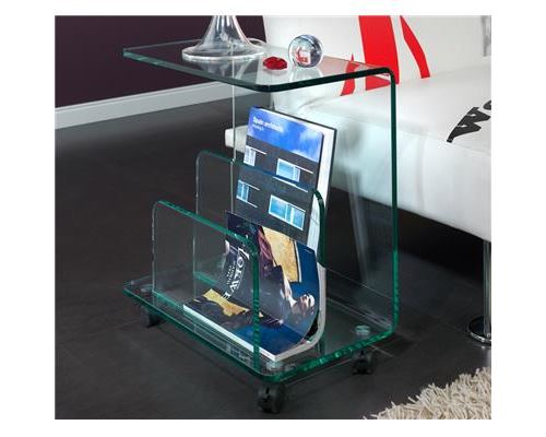 Table d'appoint en verre à roulette design CORINNE-L 50 x P 28 x H 54 cm- Transparent