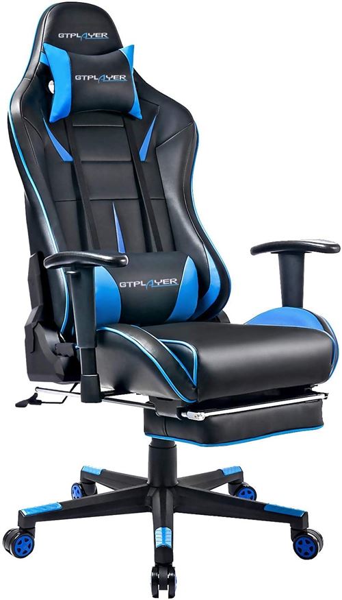 GTPLAYER Chaise Gaming de Bureau Fauteuil de Bureau Chaise Gamer Réglable en Hauteur Design Ergonomique avec Repose-Pieds et Fonction Bascule Bleu