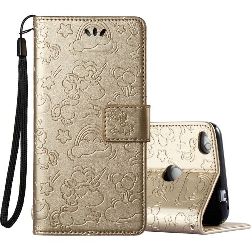 Huawei Honor P8 Lite (2017) Housse Etui Cuir PU Gravé Licorne Mignonne Doré ALS53252