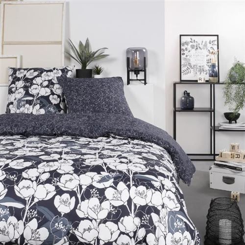 Parure de lit Mawira - 2 personnes - 260 x 240 cm - 100% coton - Bleu marine Motif Floral