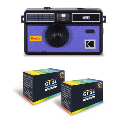 KODAK  i60 - appareil photo r&eacute;utilisable 35mm, style r&eacute;tro, sans mise au point, flash int&eacute;gr&eacute; pop-up - noir et bleu + 2 pellicules couleur 24 expositions 